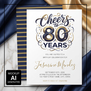 Convite Brinde a 80 anos Elegante Dourado Azul Aniversário