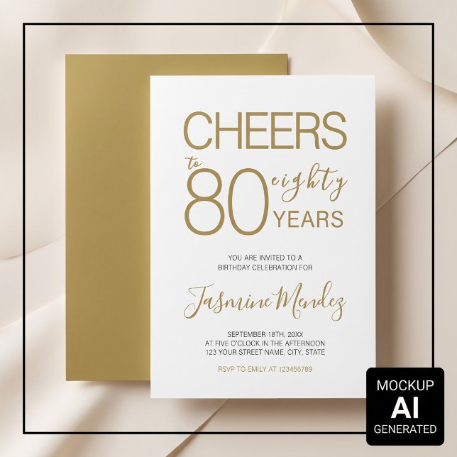 Convite Brinde a 80 anos Elegante Dourado Branco Aniversár (Criador carregado)