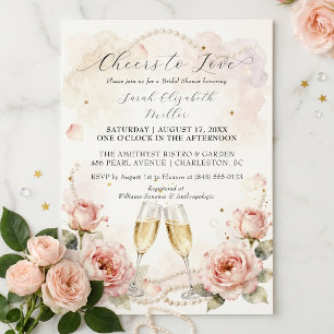 Convite Brindes ao Amor Rosa Floral Champanhe Festa de Noi