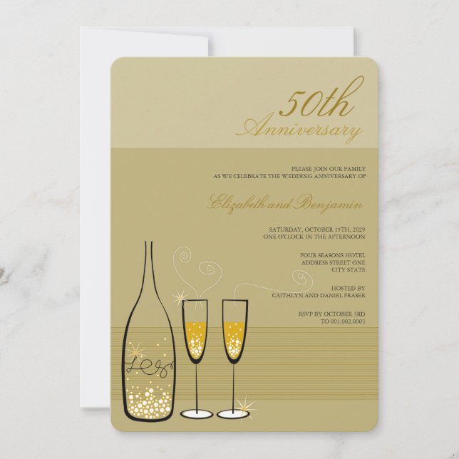 Convite Brindes de Champanhe Dourado 50º Aniversário de Ca (Frente)