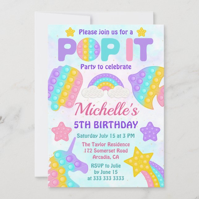 Convite Brinquedo Antiestresse Pastel Arco-íris para Festa (Frente)