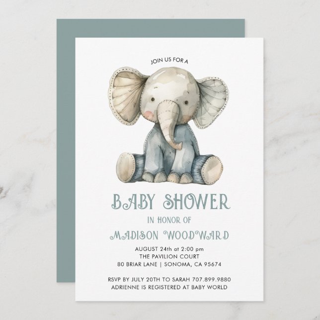 Convite Brinquedo Elefante Azul-Chá de fraldas-Bonito (Frente/Verso)