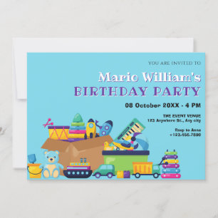 Convite Brinquedos azuis, aniversário de bebê