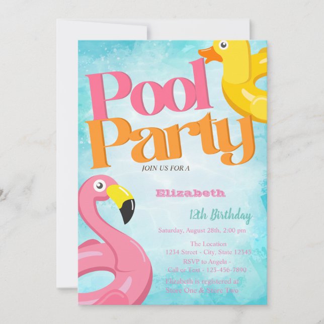 Convite Brinquedos de Festa na Piscina Flamingos Aniversár (Frente)