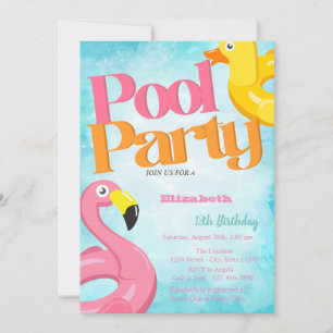 Convite Brinquedos de Festa na Piscina Flamingos Aniversár
