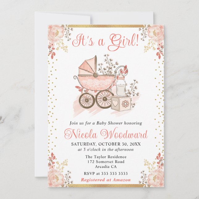 Convite Brinquedos e Carrinho de Bebê Menina Rosa Aquarela (Frente)