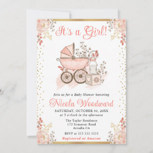 Convite Brinquedos e Carrinho de Bebê Menina Rosa Aquarela