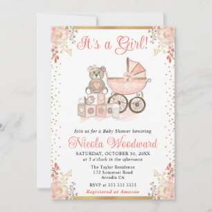 Convite Brinquedos e Carrinho de Bebê Menina Rosa Aquarela
