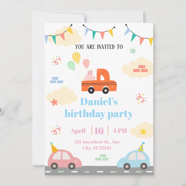 Convite Brinquedos ilustrativos de carro, brancos e laranj (Frente)