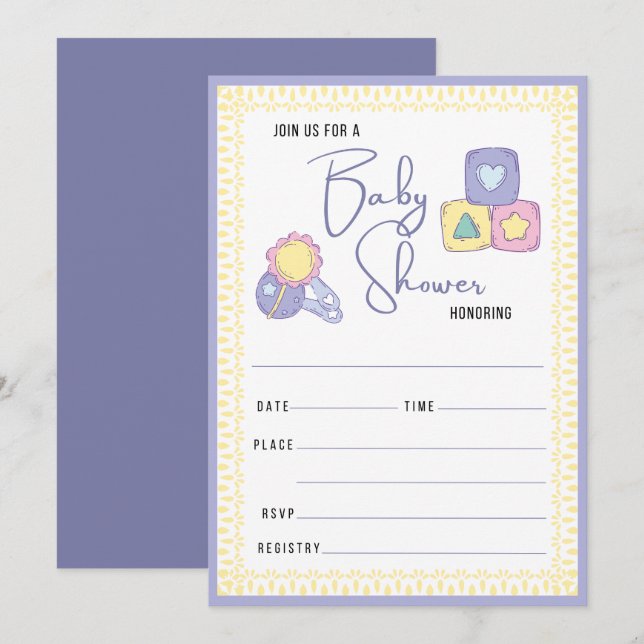 Convite Brinquedos para bebês coloridos | Preenchimento do (Frente/Verso)