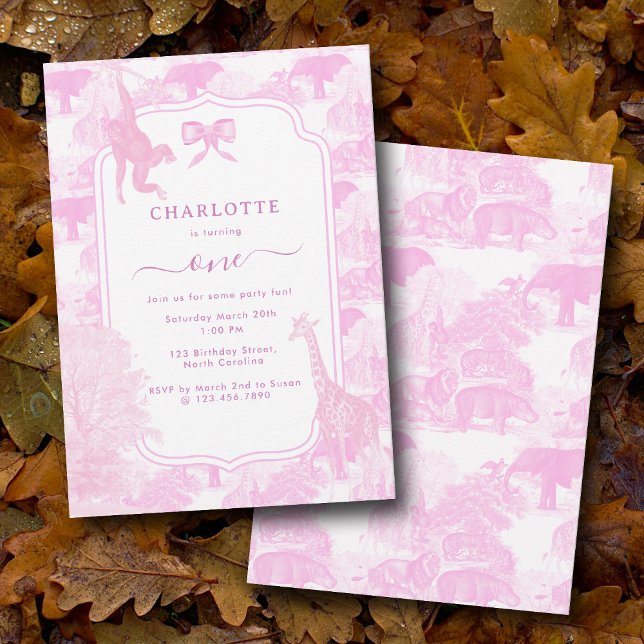 Convite Brinquedos Rosa Safari Animais Chinoiserie Anivers (Pink Toile Safari Animals Chinoiserie Birthday Invitation)