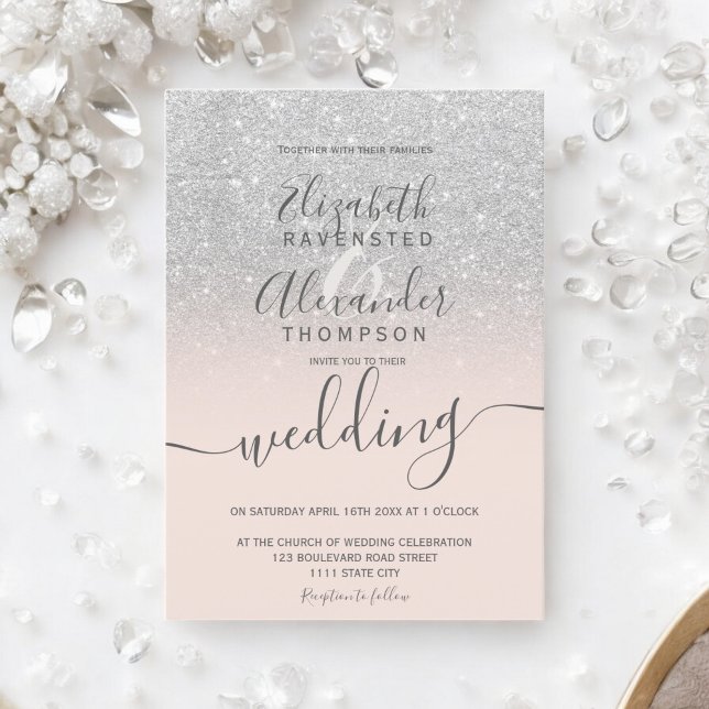Convite Brisa de prata mbre blush pink roteiro casamento (Silver glitter ombre blush pink script wedding invitation)