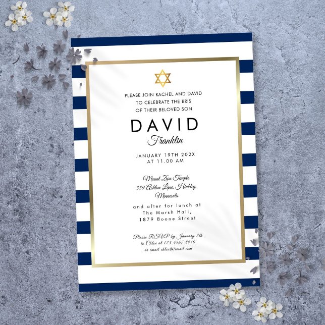 Convite Brit Milah Azul Naval Listra Branca Dourado (Brit Milah Navy Blue White Stripe Gold Invitation)
