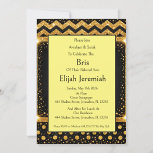 Convite Brit Milah, Glitter Listras Bolinhas Preto Dourado