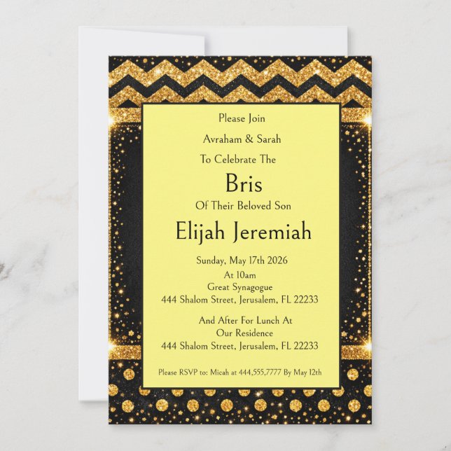 Convite Brit Milah, Glitter Listras Bolinhas Preto Dourado (Frente)