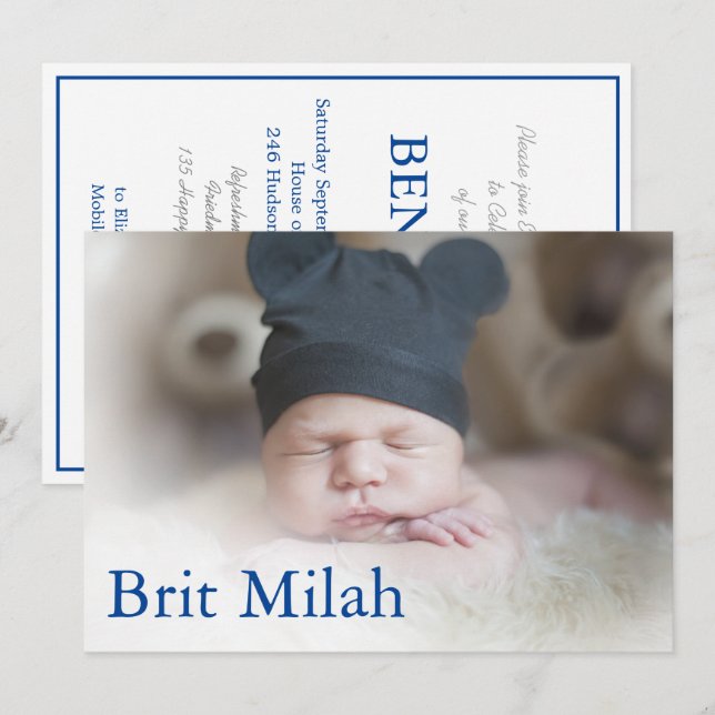 Convite Brit Milah Photo Baby Boy Hebraico Judeu (Frente/Verso)