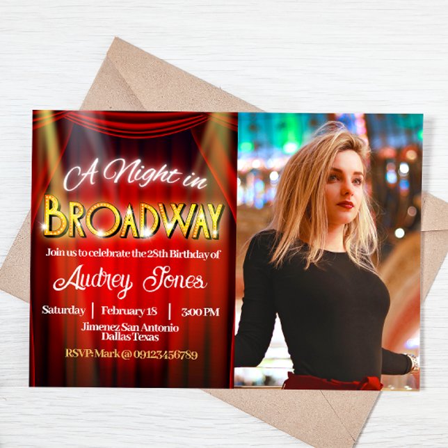 Convite Broadway Birthday com foto (Broadway Landscape Invitation with Photo)