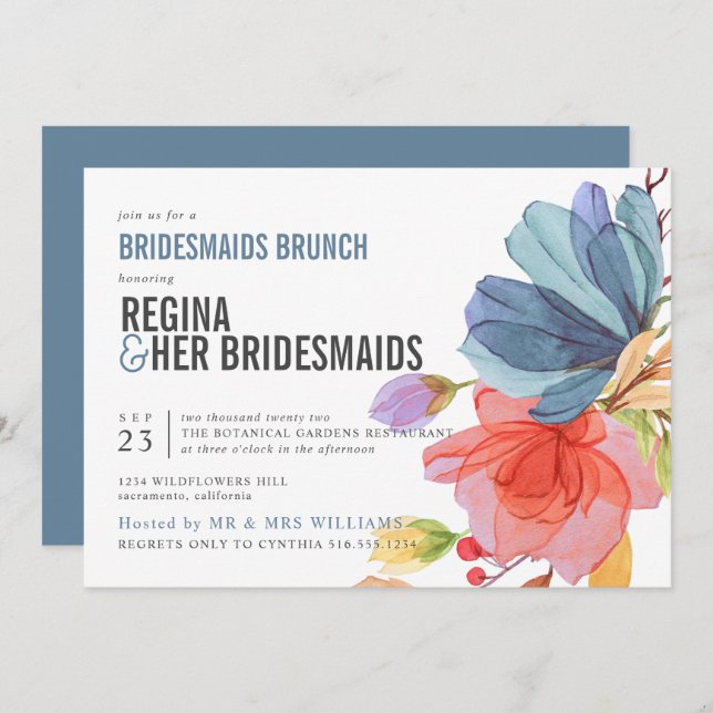 Convite Brold Wildflower Blue Bridesmaids Brunch Luncheon (Frente/Verso)