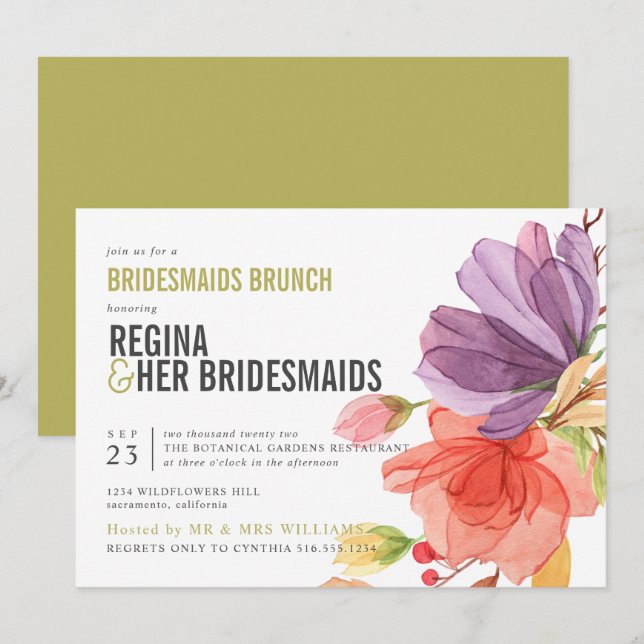 Convite Brold Wildflower Green Bridesmaids Brunch Luncheon (Frente/Verso)
