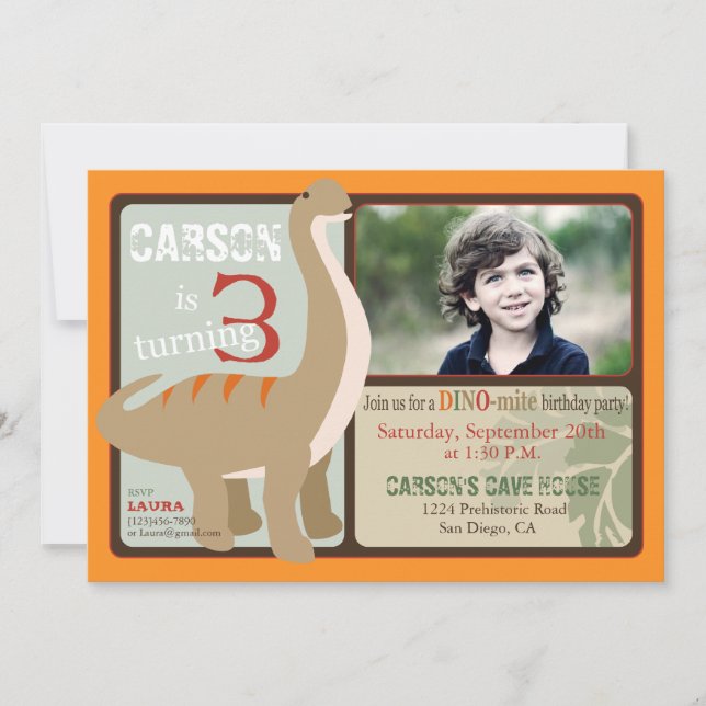 Convite Brontossaurus Dinosaur Terceiro Aniversário (Frente)