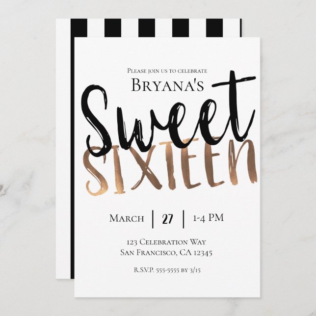 Convite Bronze Branco Negro Moderno Sweet 16 Sessenta Part (Frente/Verso)