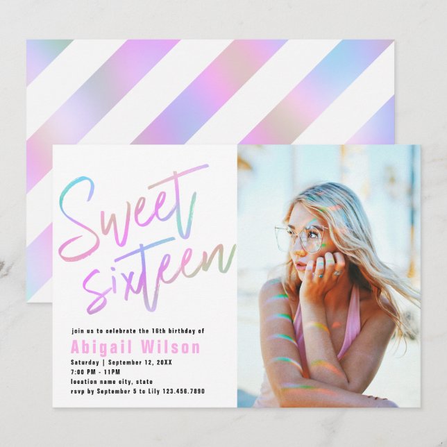 Convite Bronzeado holográfico moderno, dezesseis anos (Frente/Verso)