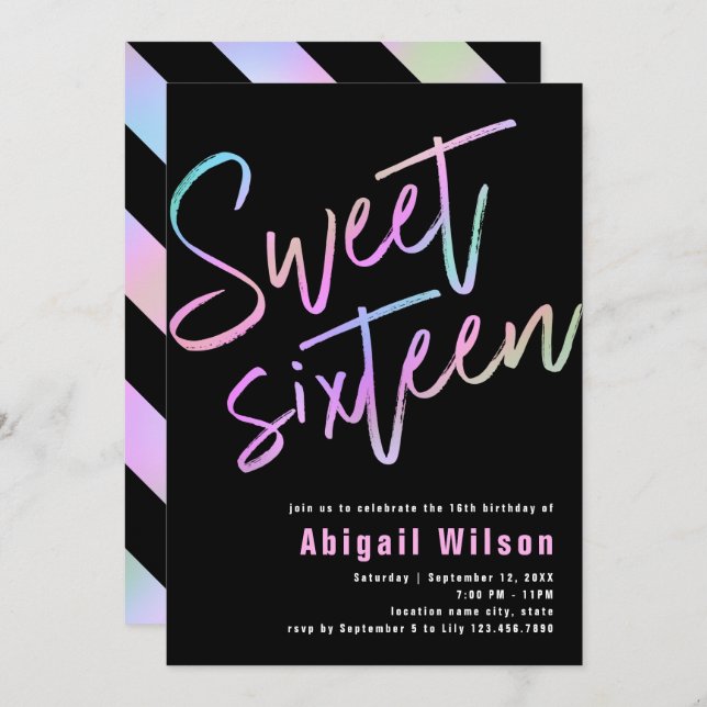 Convite Bronzeado holográfico moderno, dezesseis anos (Frente/Verso)
