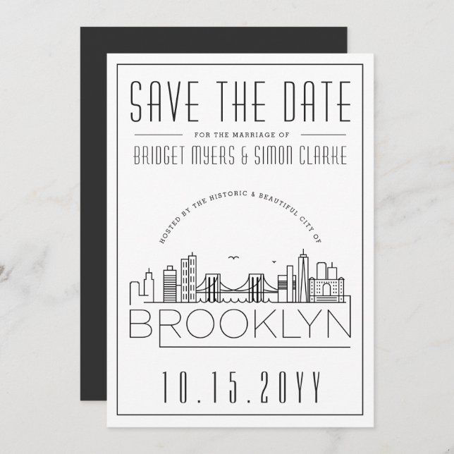 Convite Brooklyn Wedding | Skyline Estilizado Salvar a Dat (Frente/Verso)