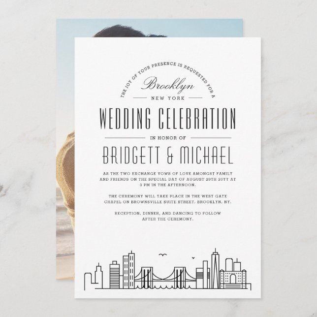 Convite Brooklyn Wedding | Skyline Moderno Deco (Frente/Verso)