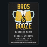 Convite Bros e Booze Manly Beer Caneca de cerveja Bachelor<br><div class="desc">Este convite legal e engraçado para a despedida de solteiro é perfeito para as caras. Ele apresenta óculos de caneca de cerveja de cerveja amarelos, brancos e azuis pintados à mão, balançando com o ditado "Bros e Booze" sobre um fundo de padrão abstrato preto. É moderno, maneiro e divertido; o...</div>