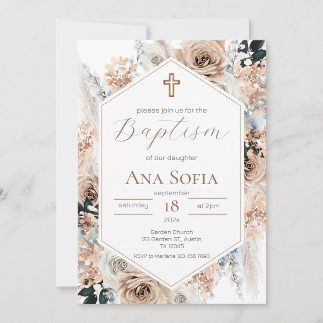 Convite Brown Baptism Invitation (Frente)