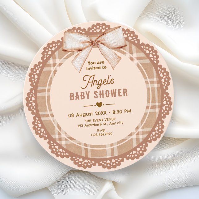Convite Brown beige bow plaid baby shower (Criador carregado)