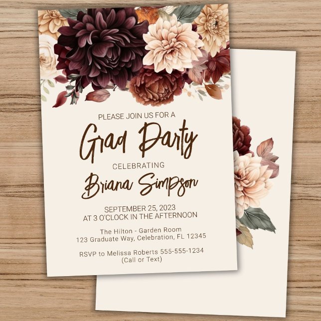 Convite Brown Beige Ivory Floral Graduation Party - Forman (Criador carregado)