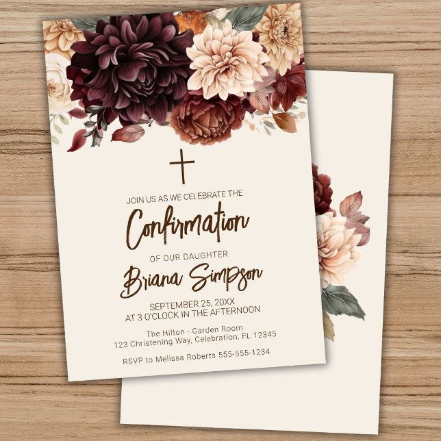 Convite Brown Beige Ivory Flowers Confirmação Floral (Criador carregado)