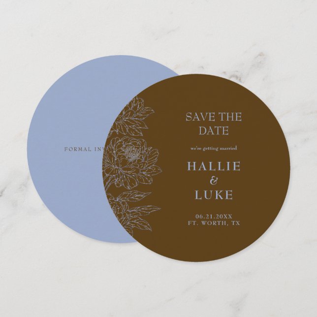 Convite Brown & Blue Peony Wedding Round Save the Date (Frente/Verso)