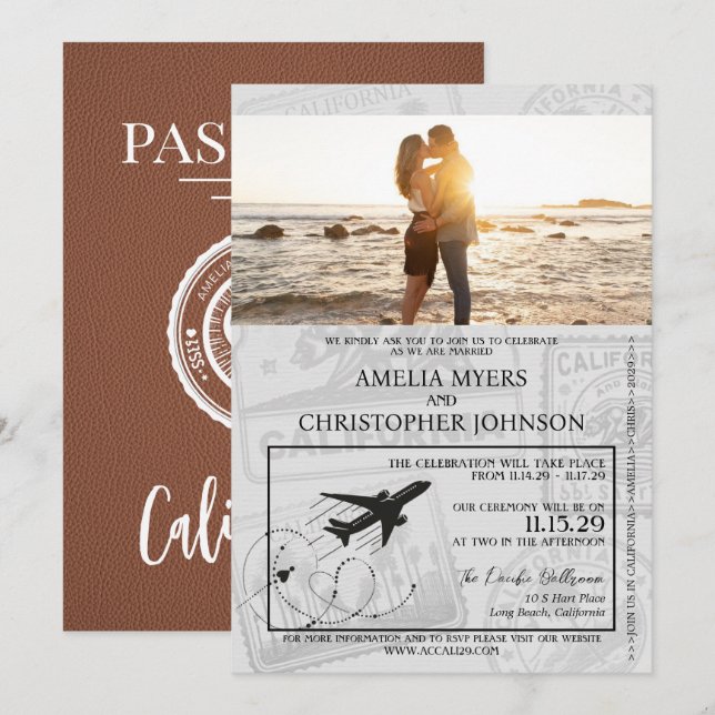 Convite Brown California Passport Wedding (Frente/Verso)
