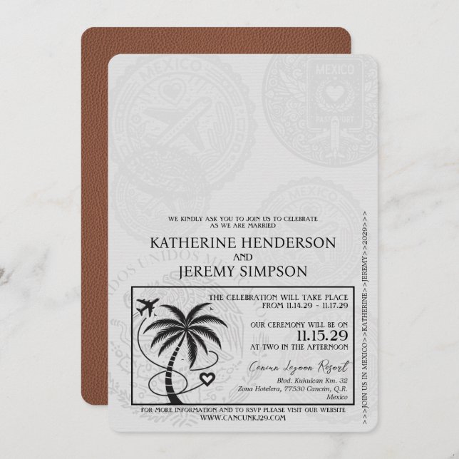 Convite Brown Cancun Passport Wedding (Frente/Verso)