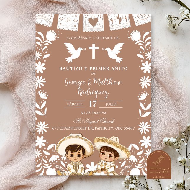 Convite Brown Cielito Lindo Boy Twins Baptism and Birthday (Criador carregado)