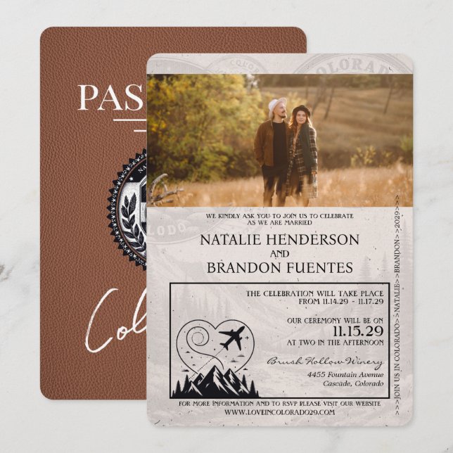 Convite Brown Colorado Passport Wedding (Frente/Verso)