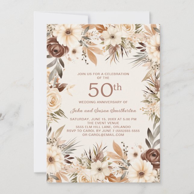 Convite Brown Cream Watercolor Floral 50 anos (Frente)
