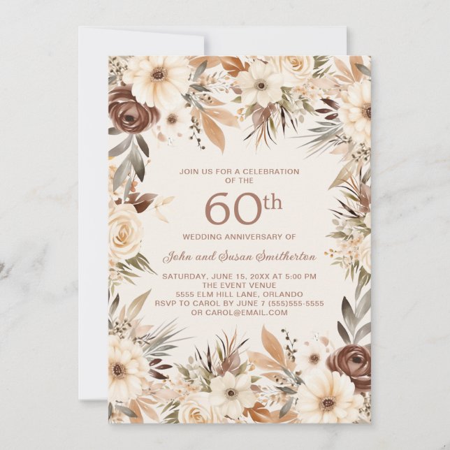Convite Brown Cream Watercolor Floral 60 anos (Frente)