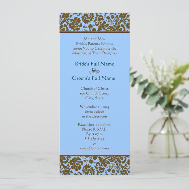 Convite Brown Damask On Aqua Blue Wedding Invitation (Em pé/Frente)