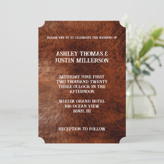 Convite Brown Faux Leather Wedding (Em pé/Frente)