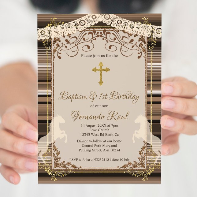Convite Brown Fiesta Baptism Cross e First Birday (Criador carregado)
