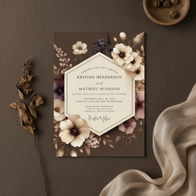 Convite Brown Floral Nocturne Wedding (Criador carregado)