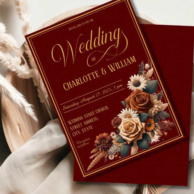 Convite Brown Floral, Script de Casamento Elegante (Criador carregado)