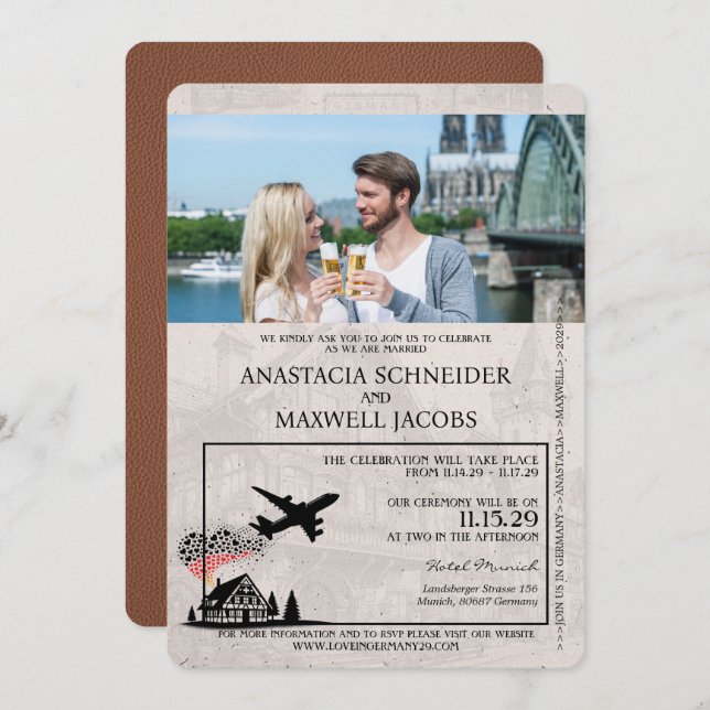 Convite Brown Germany Passport Wedding (Frente/Verso)