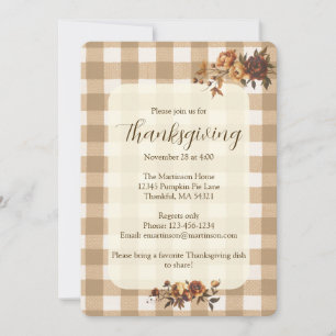 Convite Brown Gingham Autumn Florals Ação de Graças