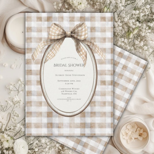 Convite Brown Gingham Bow Frame Vintage Bridal Shower (Criador carregado)