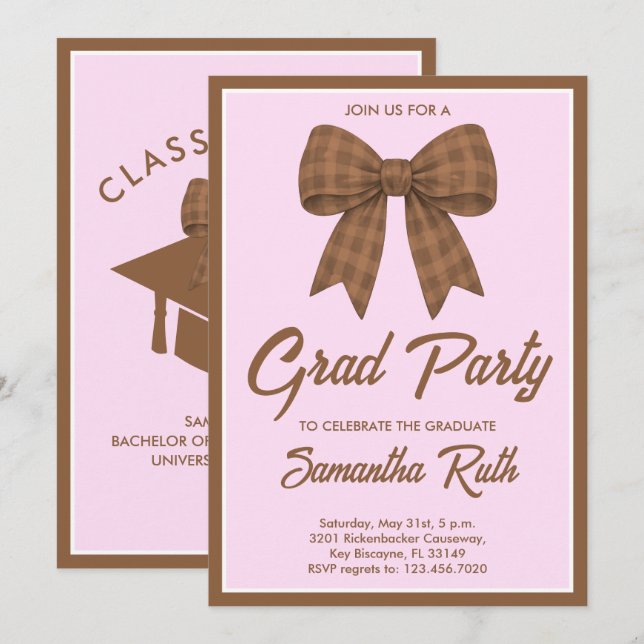 Convite Brown Gingham Bow Graduation Party (Frente/Verso)